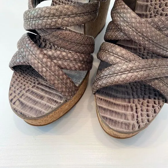 Tory Burch Taupe Python Embossed Leather Cork Wedge‎ Strappy Sandals Size 10 M
