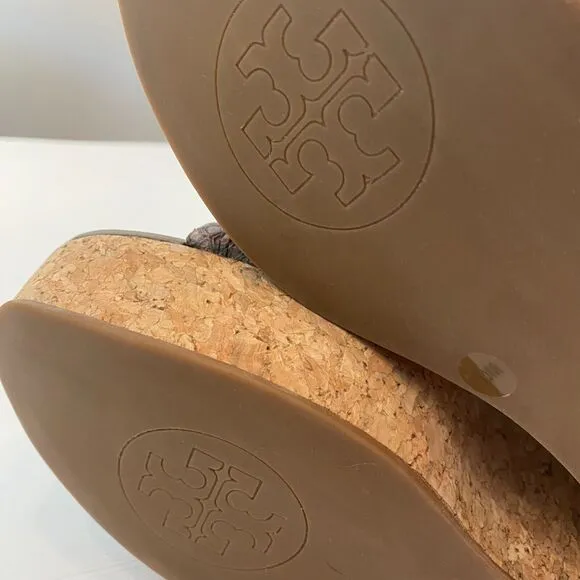 Tory Burch Taupe Python Embossed Leather Cork Wedge‎ Strappy Sandals Size 10 M