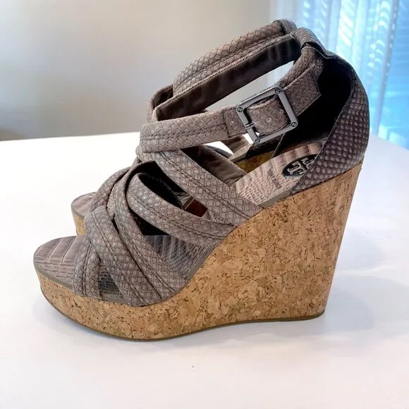 Tory Burch Taupe Python Embossed Leather Cork Wedge‎ Strappy Sandals Size 10 M