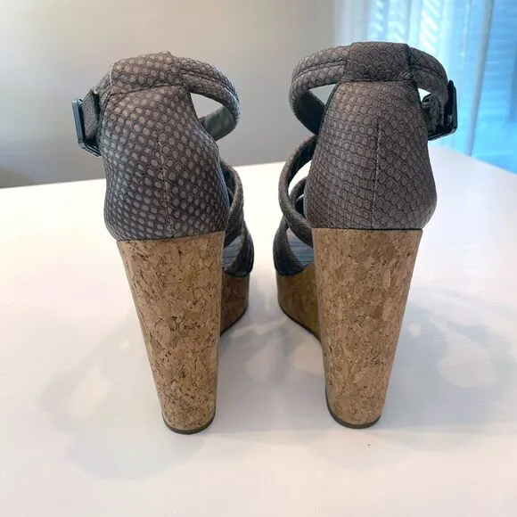 Tory Burch Taupe Python Embossed Leather Cork Wedge‎ Strappy Sandals Size 10 M