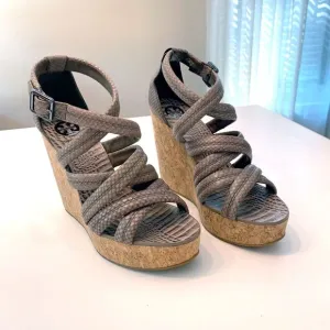 Tory Burch Taupe Python Embossed Leather Cork Wedge‎ Strappy Sandals Size 10 M