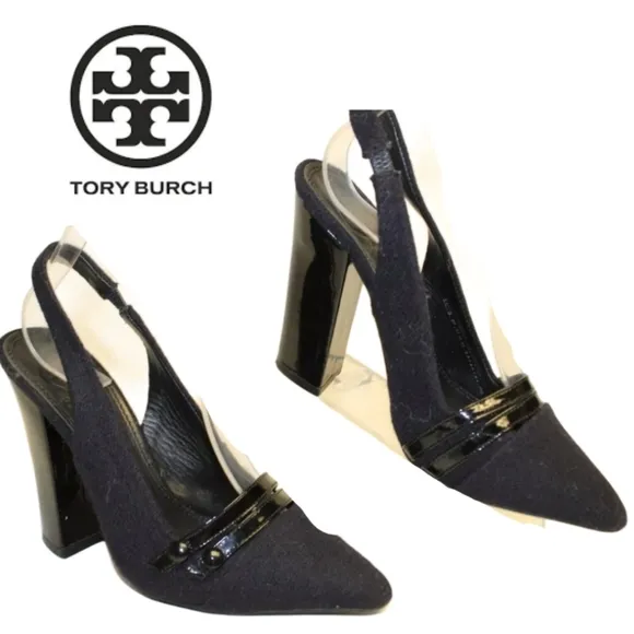 Tory Burch Textile Slingbacks chunky block heels 6.5 Pointed Toe Heeled Shoes
