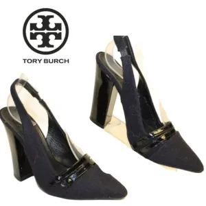 Tory Burch Textile Slingbacks chunky block heels 6.5 Pointed Toe Heeled Shoes