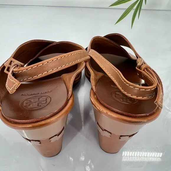 Tory Burch Women's Gabrielle Wedge Sandal Size 8.5 Brown Leather Slingback Shoes