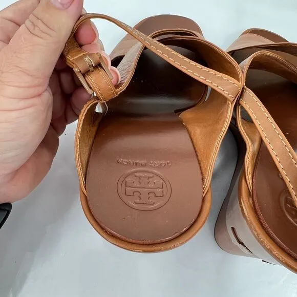 Tory Burch Women's Gabrielle Wedge Sandal Size 8.5 Brown Leather Slingback Shoes