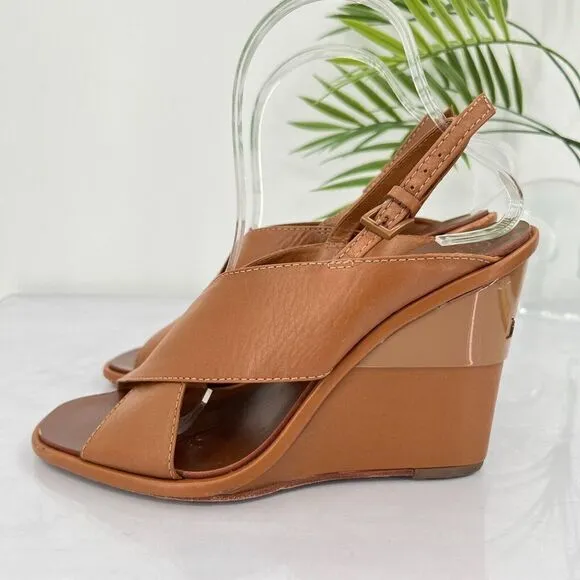Tory Burch Women's Gabrielle Wedge Sandal Size 8.5 Brown Leather Slingback Shoes