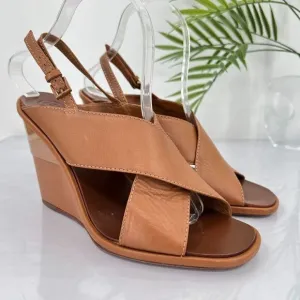 Tory Burch Women's Gabrielle Wedge Sandal Size 8.5 Brown Leather Slingback Shoes