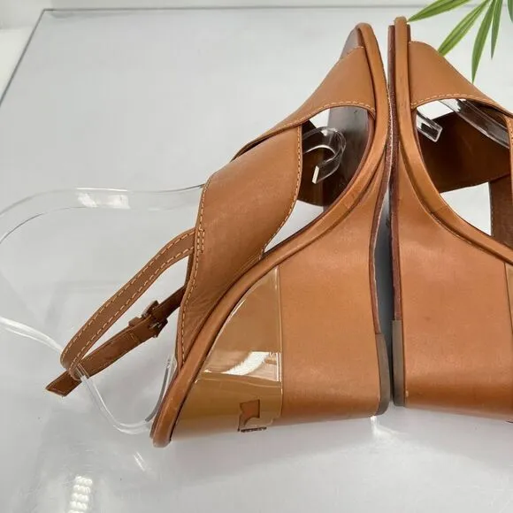Tory Burch Women's Gabrielle Wedge Sandal Size 8.5 Brown Leather Slingback Shoes