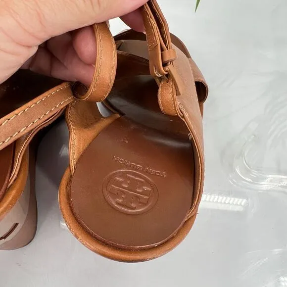 Tory Burch Women's Gabrielle Wedge Sandal Size 8.5 Brown Leather Slingback Shoes