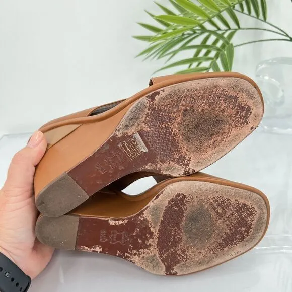 Tory Burch Women's Gabrielle Wedge Sandal Size 8.5 Brown Leather Slingback Shoes
