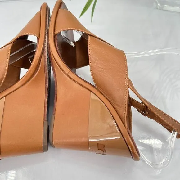 Tory Burch Women's Gabrielle Wedge Sandal Size 8.5 Brown Leather Slingback Shoes