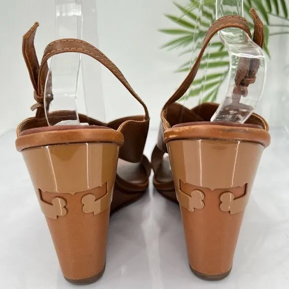 Tory Burch Women's Gabrielle Wedge Sandal Size 8.5 Brown Leather Slingback Shoes