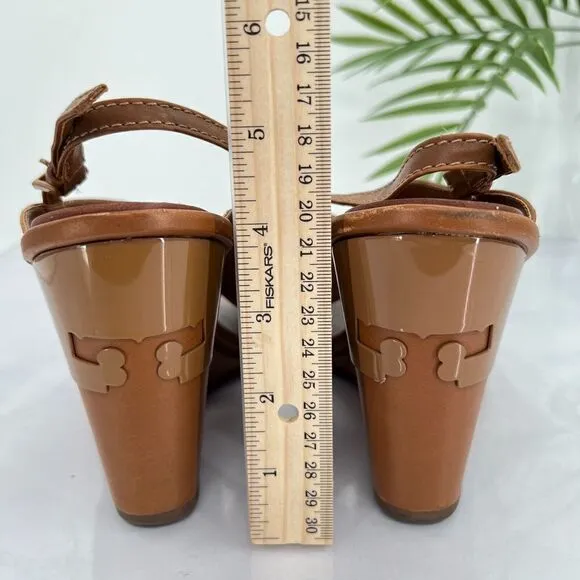 Tory Burch Women's Gabrielle Wedge Sandal Size 8.5 Brown Leather Slingback Shoes