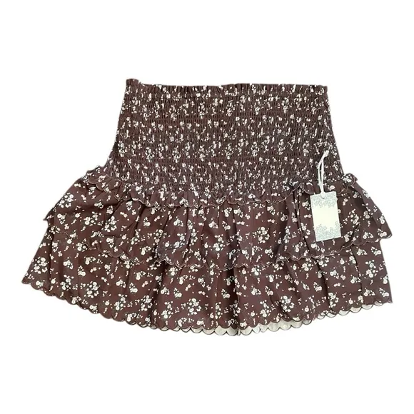 TUCKERNUCK | Hyacinth House Steff Scalloped Ruffle Brown DitsyFloral Mini Skirt