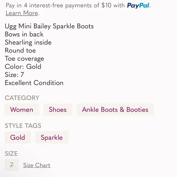 UGG Bailey Gold Sparkle Boots size 7 EUC $175  retail