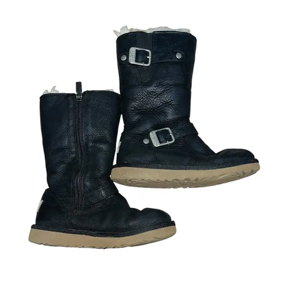 Ugg Black Leather Moto Kensington Boots Girls US 12. EUC