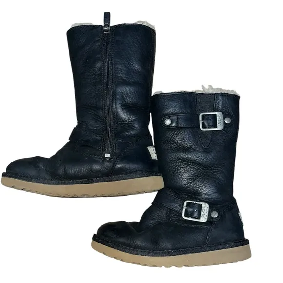 Ugg Black Leather Moto Kensington Boots Girls US 12. EUC