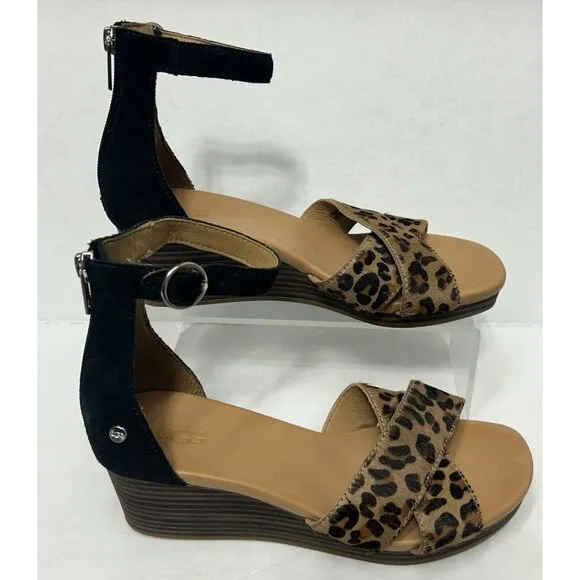 Ugg Eugenia Wedge Zip Hook Loop Sandals Shoes Women’s 7 Leopard Print Calf Hair