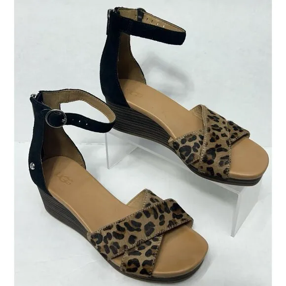 Ugg Eugenia Wedge Zip Hook Loop Sandals Shoes Women’s 7 Leopard Print Calf Hair