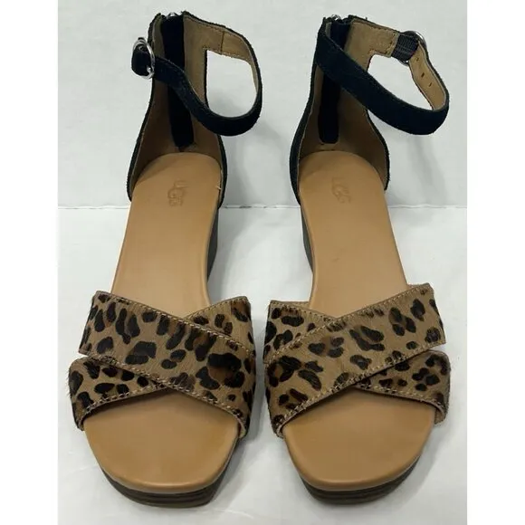 Ugg Eugenia Wedge Zip Hook Loop Sandals Shoes Women’s 7 Leopard Print Calf Hair