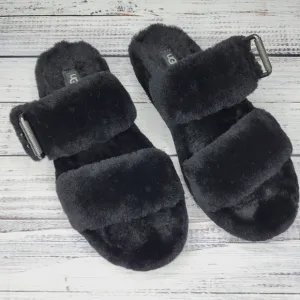 UGG Fuzz Yeah Black Fuzzy Slide Platform Sandals | Size 9