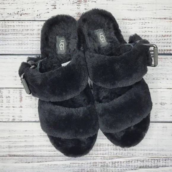 UGG Fuzz Yeah Black Fuzzy Slide Platform Sandals | Size 9