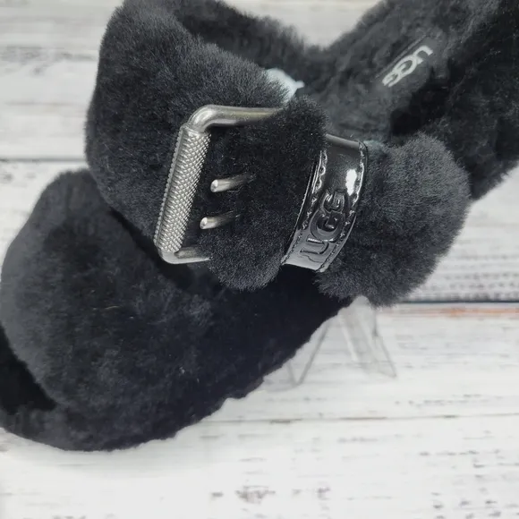 UGG Fuzz Yeah Black Fuzzy Slide Platform Sandals | Size 9