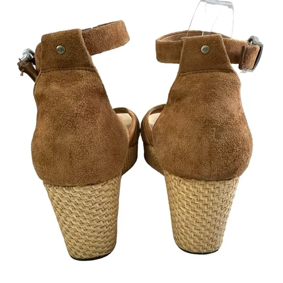 Ugg Leanne Suede Platform Wedge Ankle Strap Sandals in Chestnut Size 9