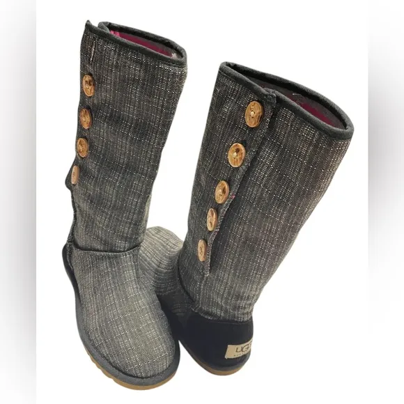 UGG LO PRO-BUTTON PLAID DOWN FLANNEL DENIM BOOTS WOMEN LOGO GRAY COLOR SIZE 5 **