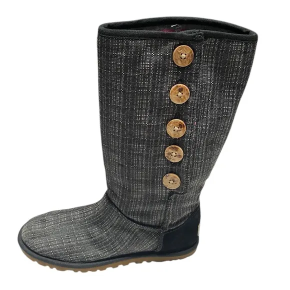 UGG LO PRO-BUTTON PLAID DOWN FLANNEL DENIM BOOTS WOMEN LOGO GRAY COLOR SIZE 5 **