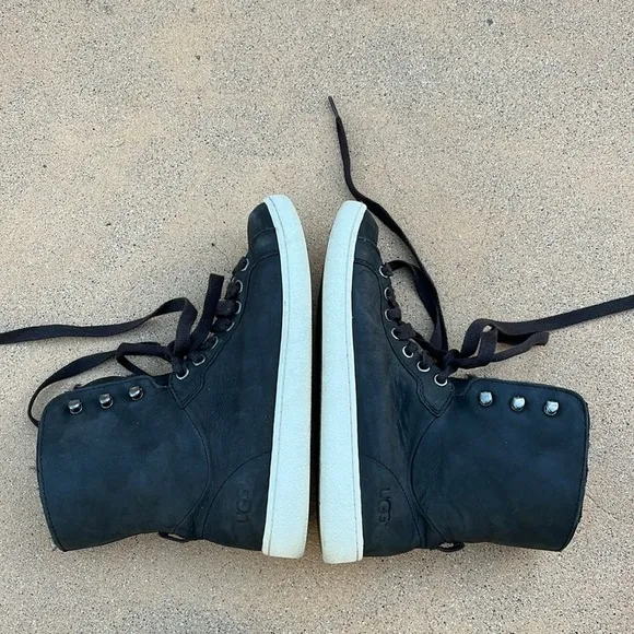UGG Starlyn Black Leather Sheepskin High Top Sneaker Boots Shoes Women Sz 6.5