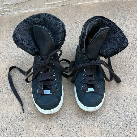 UGG Starlyn Black Leather Sheepskin High Top Sneaker Boots Shoes Women Sz 6.5