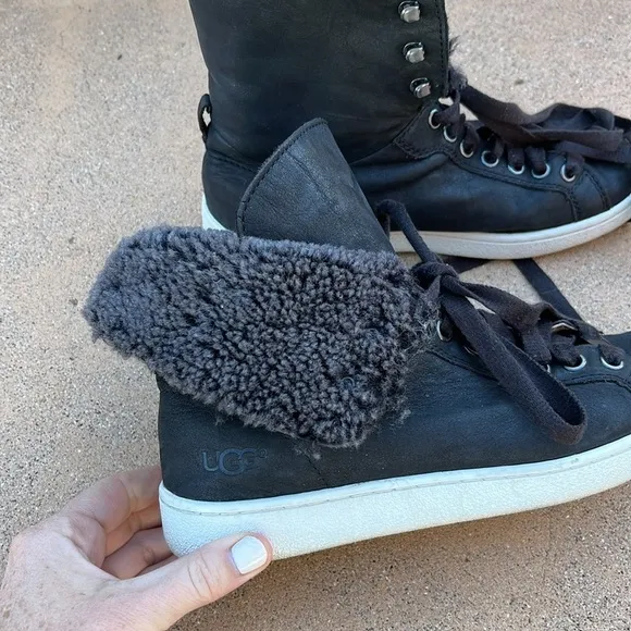 UGG Starlyn Black Leather Sheepskin High Top Sneaker Boots Shoes Women Sz 6.5