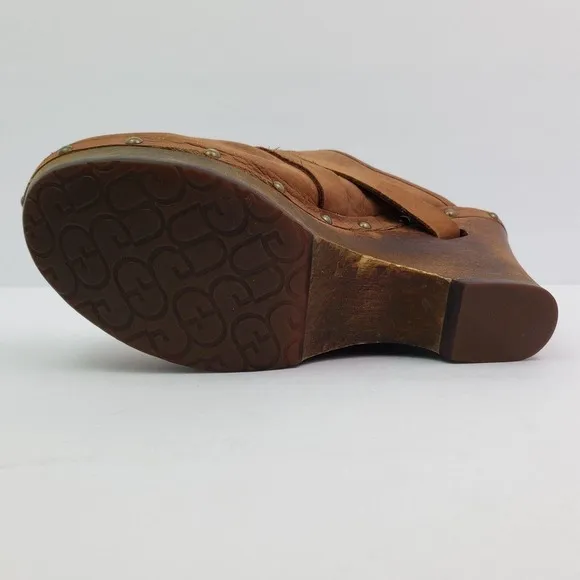 UGG Womens Size 10 Brown Leather Slip On Strap Buckle Wedge Clog Shoes 1001315