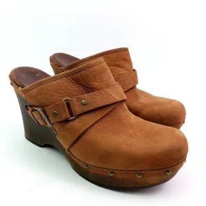 UGG Womens Size 10 Brown Leather Slip On Strap Buckle Wedge Clog Shoes 1001315