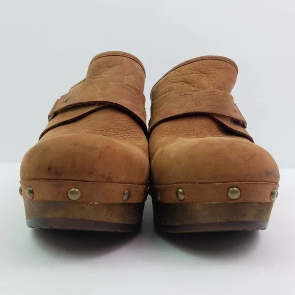 UGG Womens Size 10 Brown Leather Slip On Strap Buckle Wedge Clog Shoes 1001315