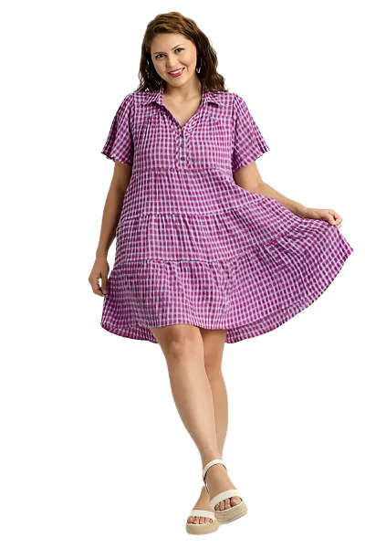 Umgee Full Size Gingham Tiered Button Detail Short Sleeve Dress Plus Size