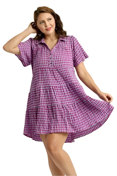 Umgee Full Size Gingham Tiered Button Detail Short Sleeve Dress Plus Size