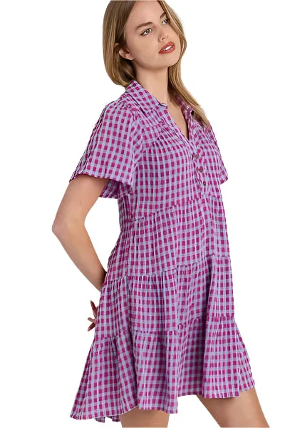 Umgee Full Size Gingham Tiered Button Detail Short Sleeve Dress Plus Size