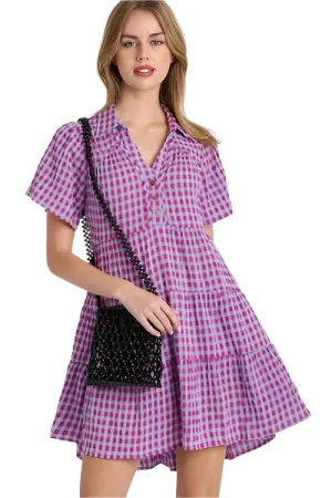 Umgee Full Size Gingham Tiered Button Detail Short Sleeve Dress Plus Size