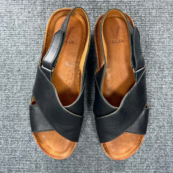 V Italia Sandals Womens 40 US 9-9.5 Black Leather Platform Wedge Ankle Strap