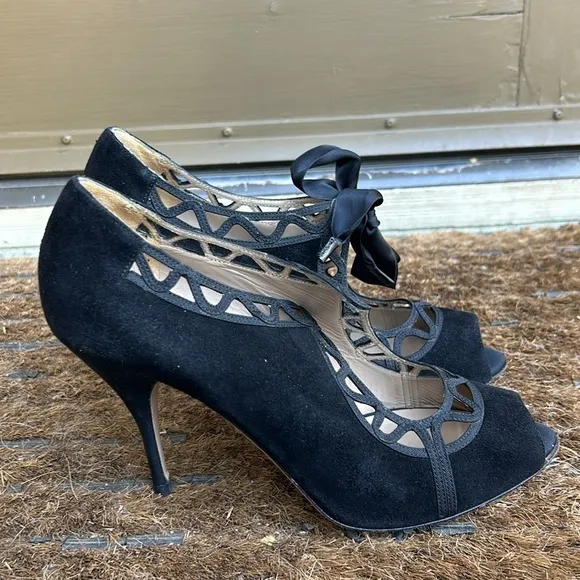 Valentino Garavani Black Suede Laser Cut Heels With Satin Bow Tie EU39