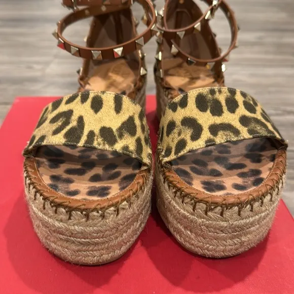 Valentino Garavani Rockstud Flatform Espadrilles Sandals Leopard Espadrille Sz 6