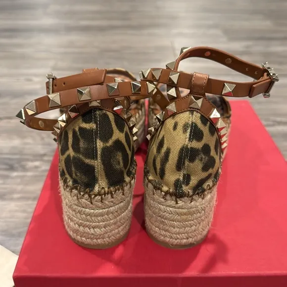 Valentino Garavani Rockstud Flatform Espadrilles Sandals Leopard Espadrille Sz 6