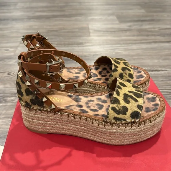Valentino Garavani Rockstud Flatform Espadrilles Sandals Leopard Espadrille Sz 6