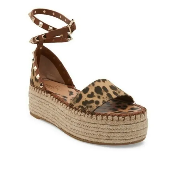Valentino Garavani Rockstud Flatform Espadrilles Sandals Leopard Espadrille Sz 6
