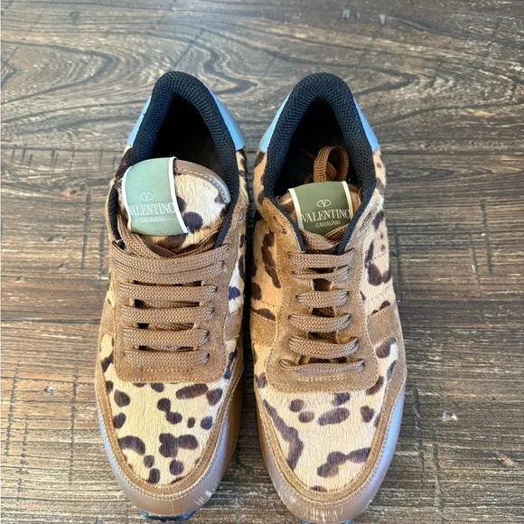 Valentino Valentino Garavani Pony Hair Leopard Print Rockstud Trainers Size 8