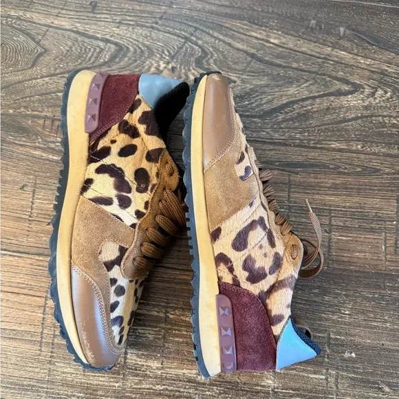 Valentino Valentino Garavani Pony Hair Leopard Print Rockstud Trainers Size 8