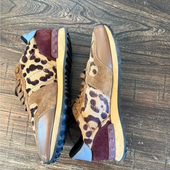 Valentino Valentino Garavani Pony Hair Leopard Print Rockstud Trainers Size 8