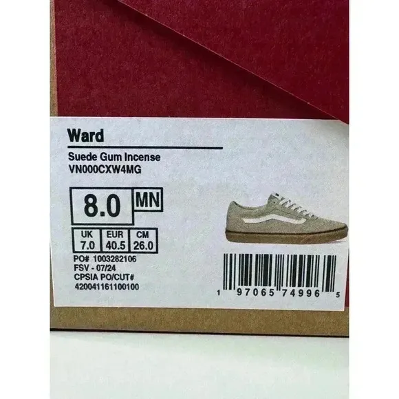 Vans Men’s Ward Skate Shoes Suede Gum Incense Color Size 8 New In Box Classic